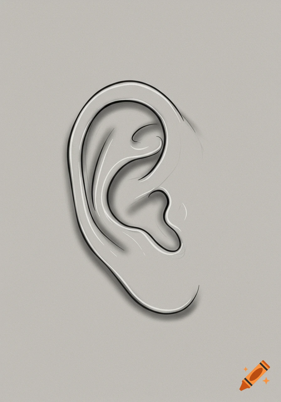 A minimalist outline drawing of an ear with shadows on a textured gray background.