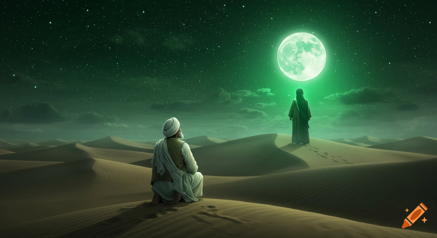 Mystical painting of a man kneeling in a desert at night, looking at a glowing green moon, while another robed figure approaches in the distance.