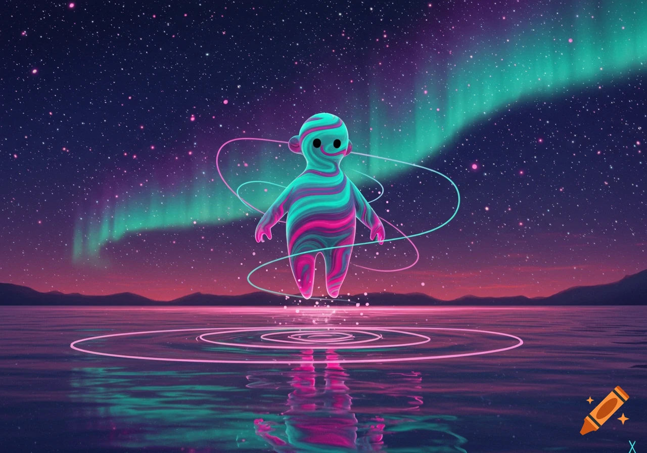 A striped, colorful abstract creature floats above glowing rings on water under a starry night sky with aurora borealis.
