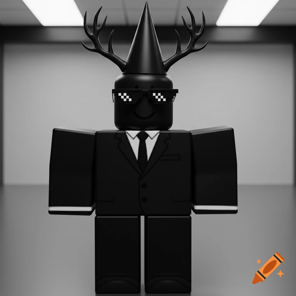 A black Roblox avatar in a black suit, pixel glasses, a black cone hat, and antlers, standing in a grayscale room.