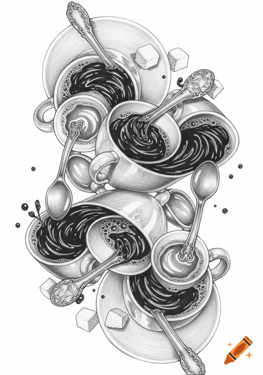 A monochrome pencil drawing of coffee cups, spoons, and sugar cubes tumbling in a surreal, Escher-like arrangement with swirling coffee.