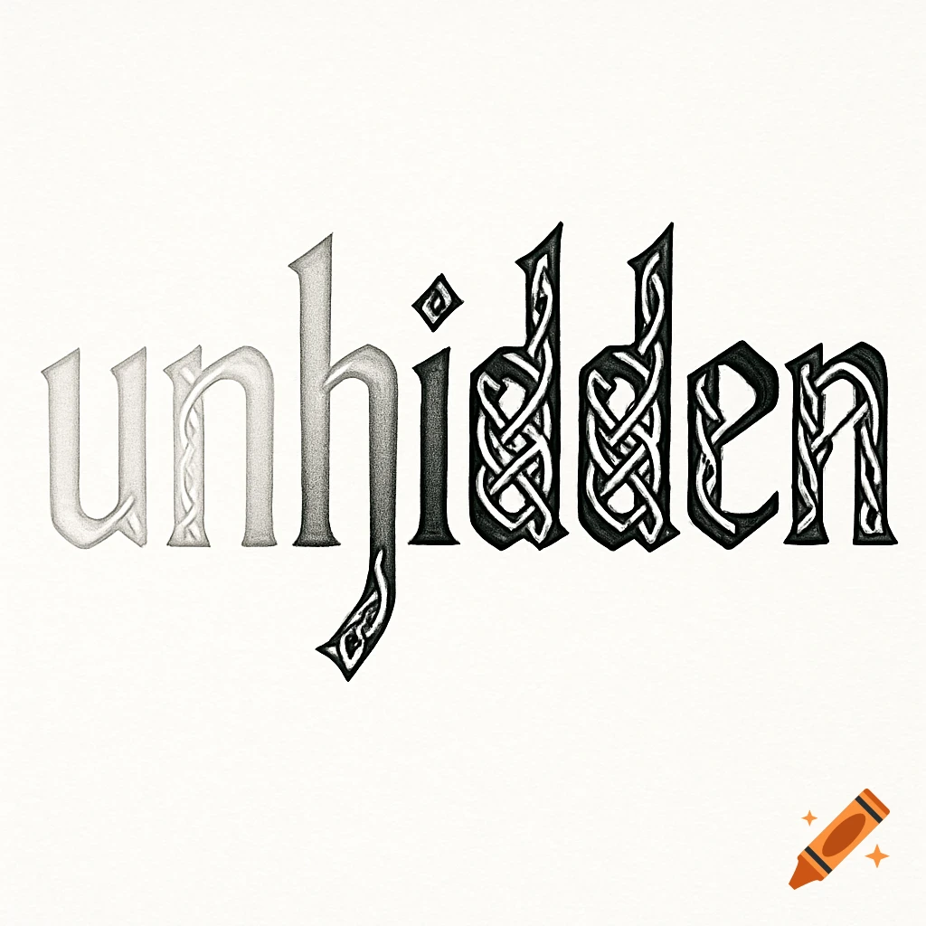 The word 'unhidden' in a grayscale Celtic knotwork font, fading from light gray to black, on a plain white background.