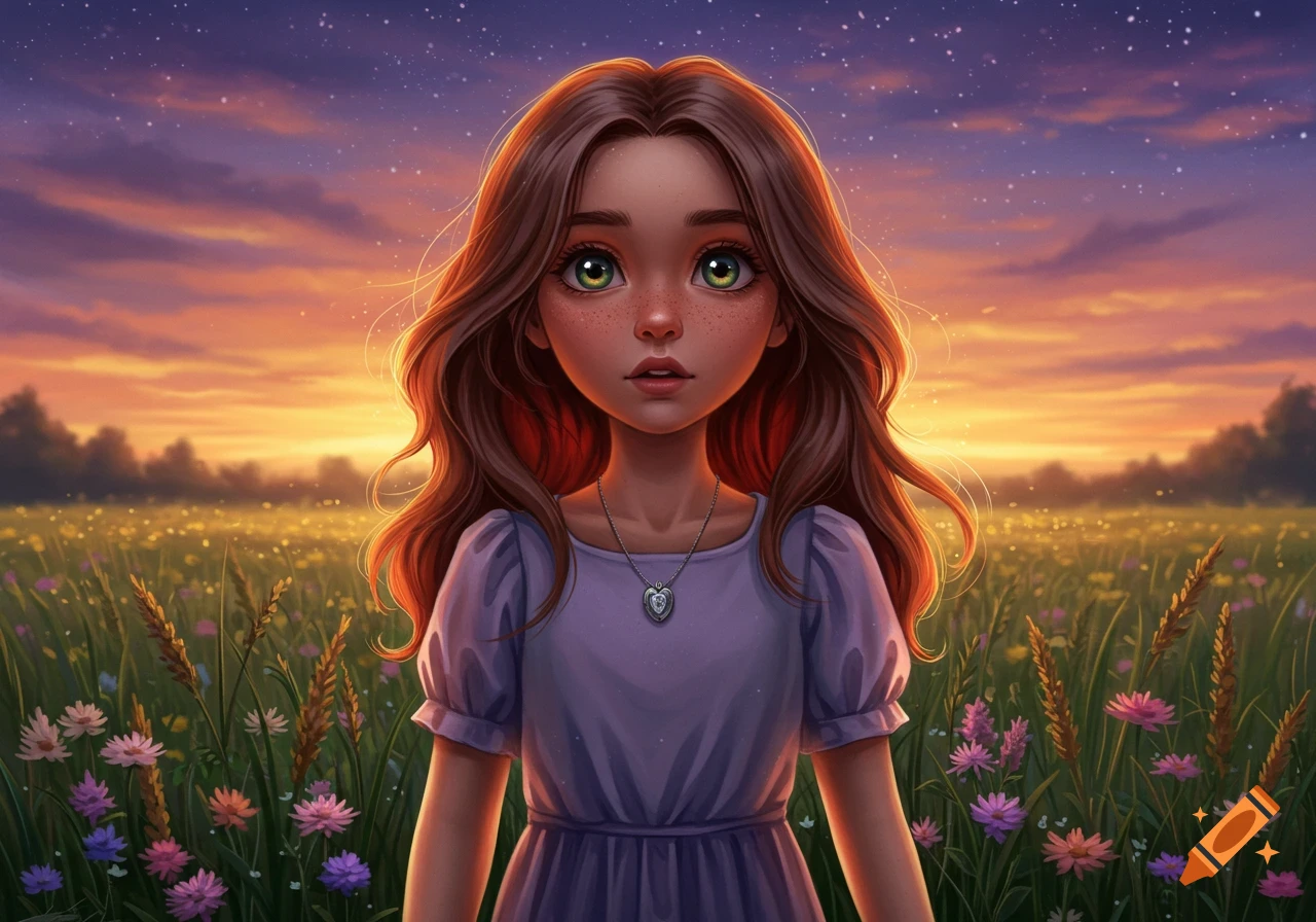A cartoonish young girl with long brown hair and green eyes stands in a field of wildflowers at sunset under a starry sky.