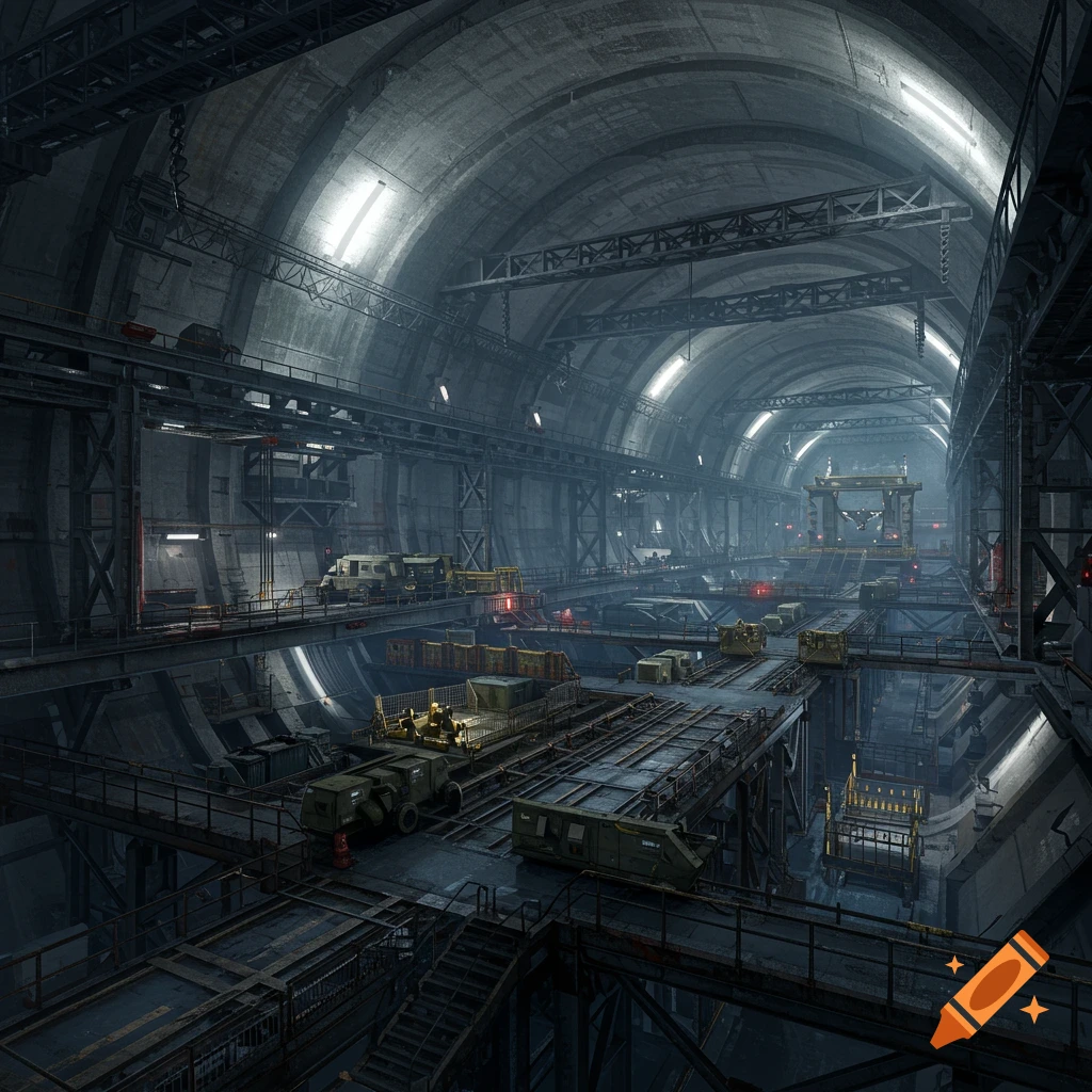 A massive, dark, concrete underground military facility with an arched ceiling, multiple levels, and industrial machinery.
