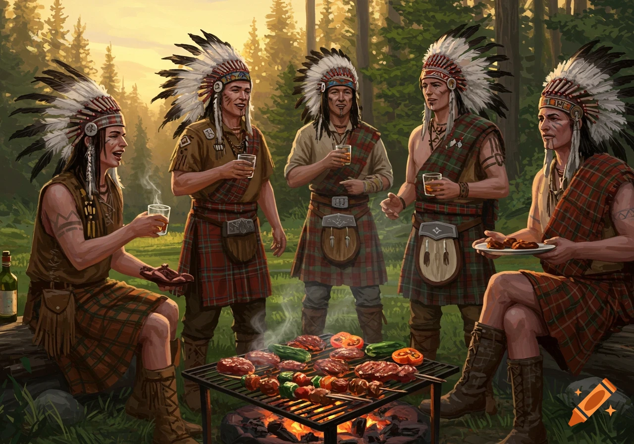Five men in feather headdresses and kilts barbecue in a forest clearing at sunset, holding drinks, in a digital painting.