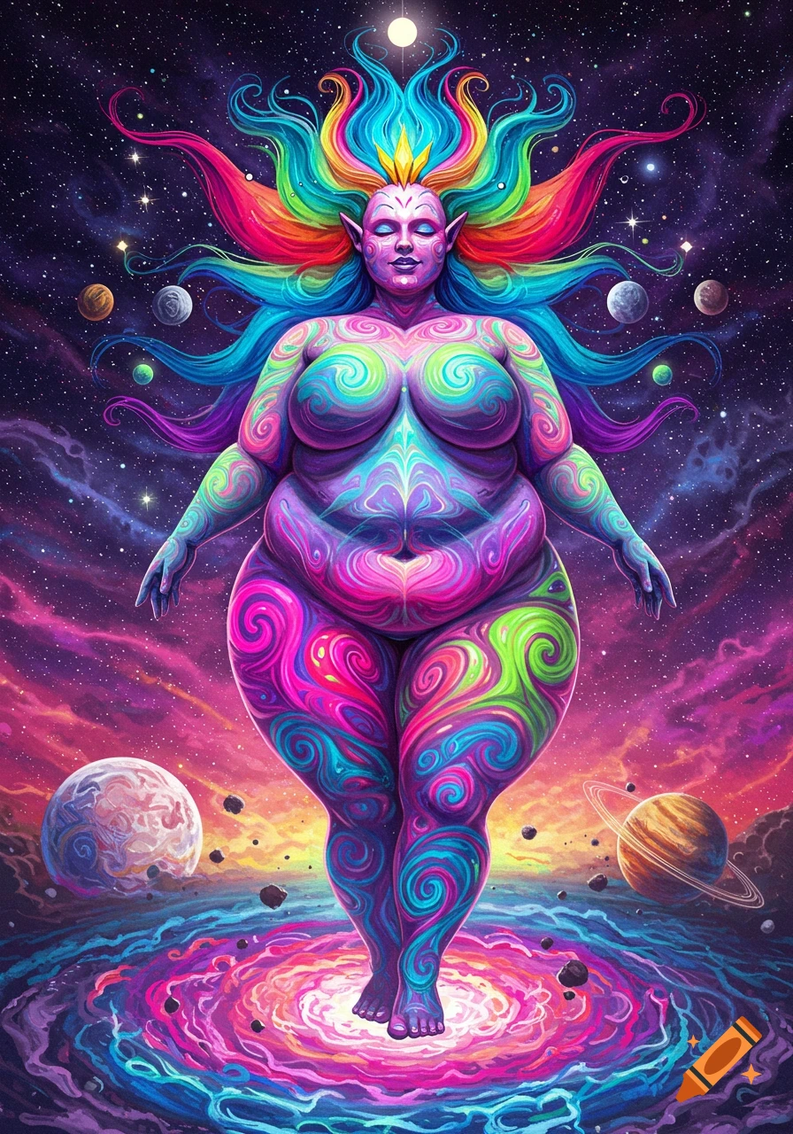 A vibrant, psychedelic goddess with rainbow hair and swirling patterns on her body floats majestically in a cosmic galaxy filled with stars and planets.