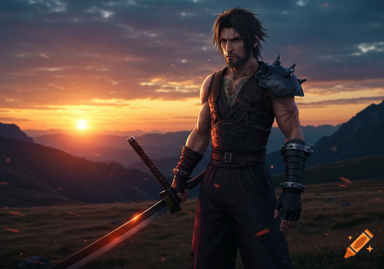 A muscular man with black hair and stubble, wearing dark armor, holds a katana in a grassy field against a vibrant sunset and mountains. Cinematic style.