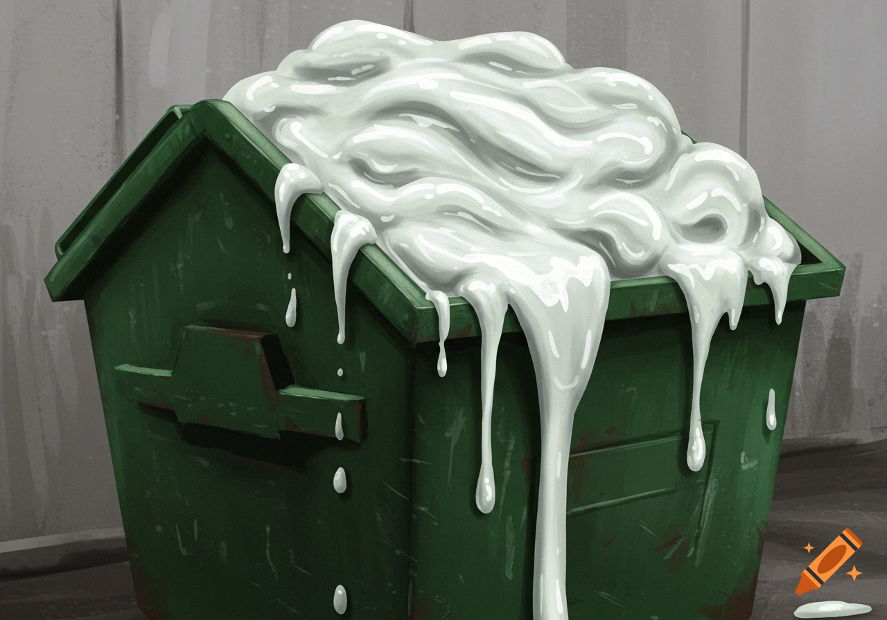 An illustrative green dumpster overflowing with thick white goo dripping down its sides.