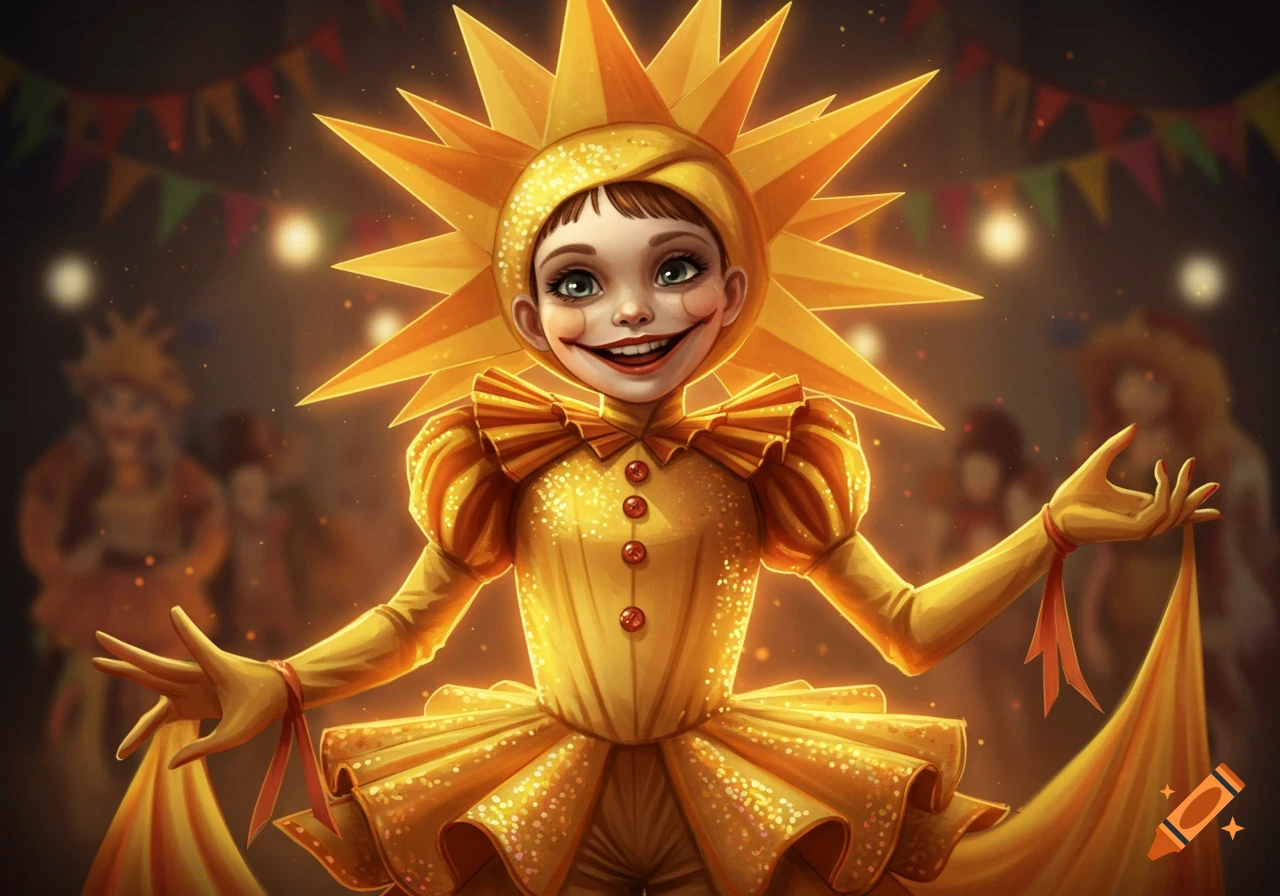 An illustration of a child in a golden sun costume with a slightly creepy smile, arms outstretched, against a festive background.