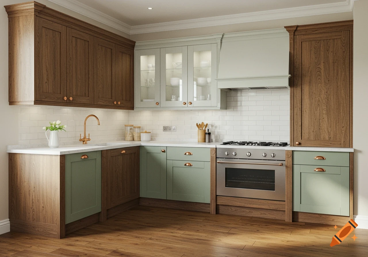 Modern kitchen with two-toned wood and sage green cabinets, white countertops, and a stainless steel oven.