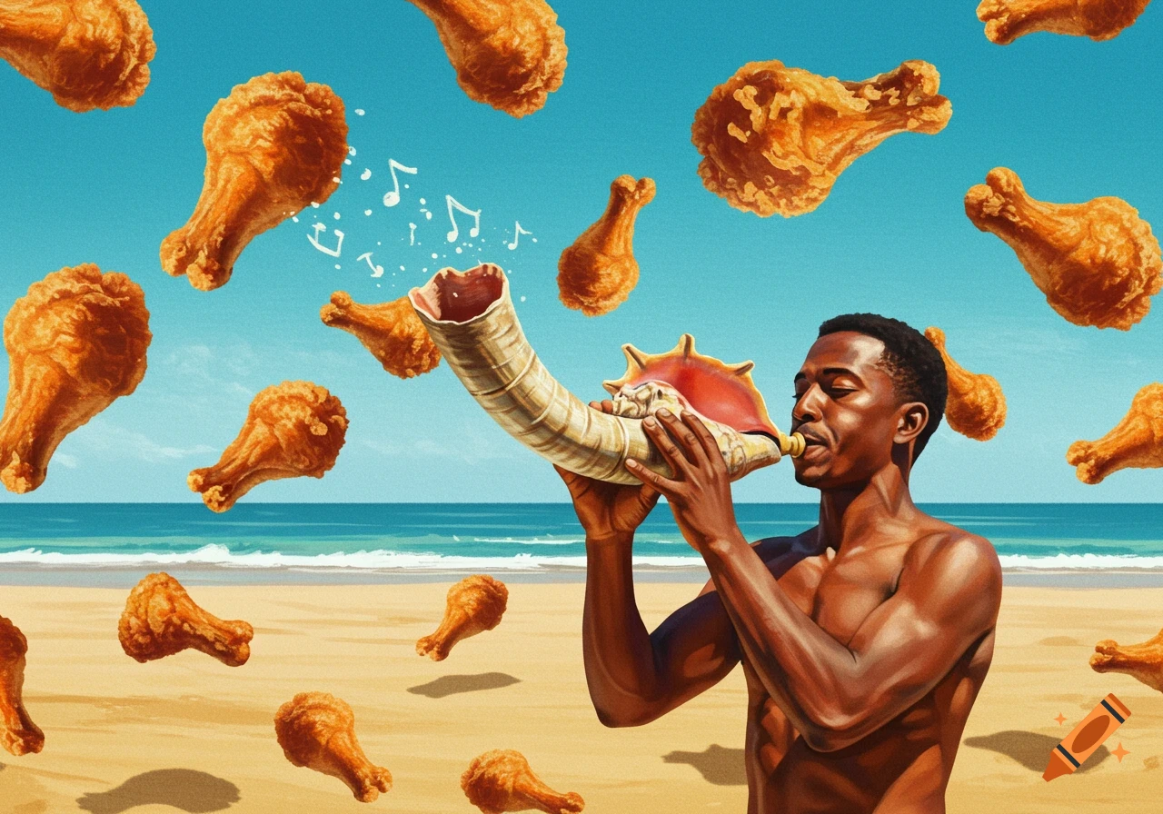 A shirtless man plays a conch horn on a beach, with musical notes emanating from the horn and numerous fried chicken drumsticks floating around him.