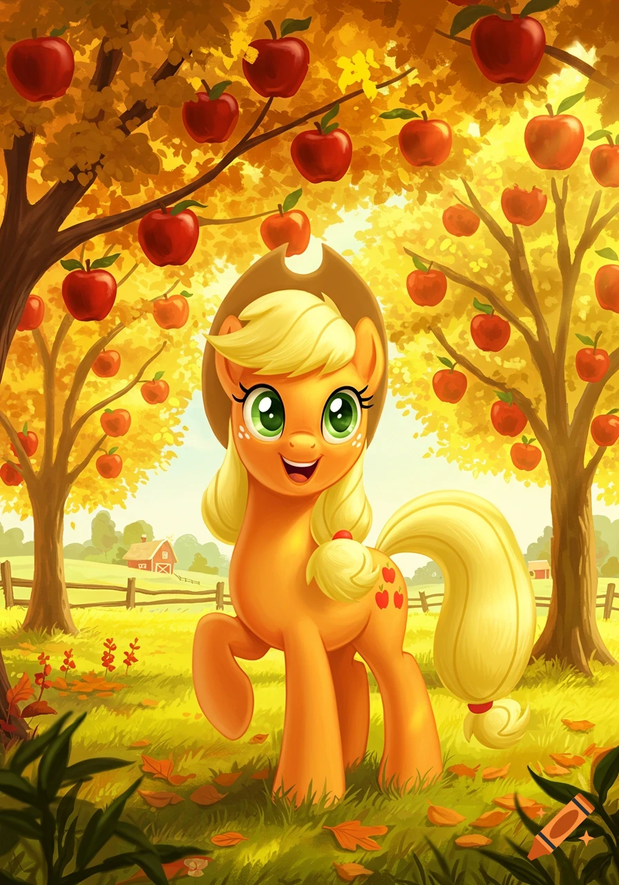 Smiling Applejack from My Little Pony in a vibrant autumn apple orchard.