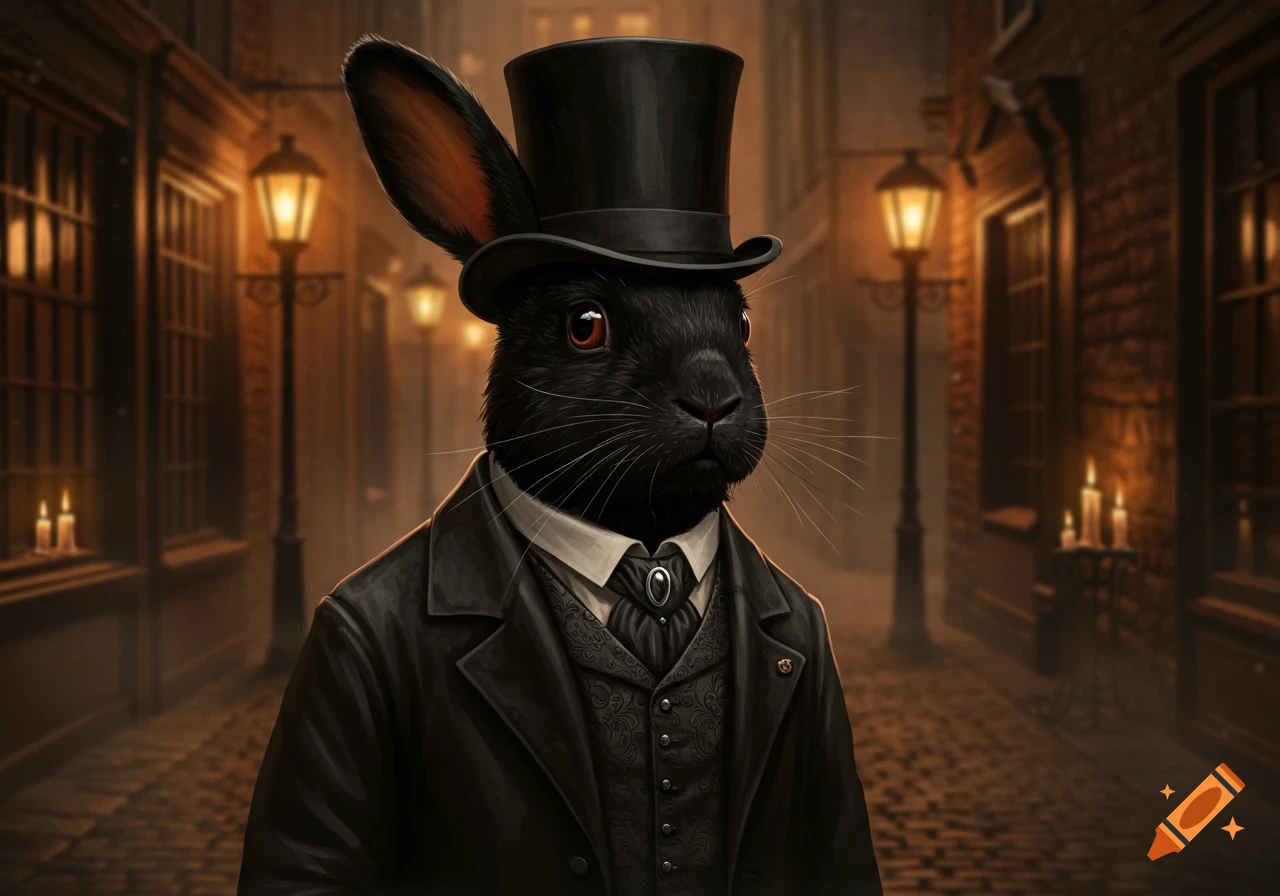 A black rabbit in a top hat and Victorian undertaker clothes stands in a dimly lit cobblestone alley.