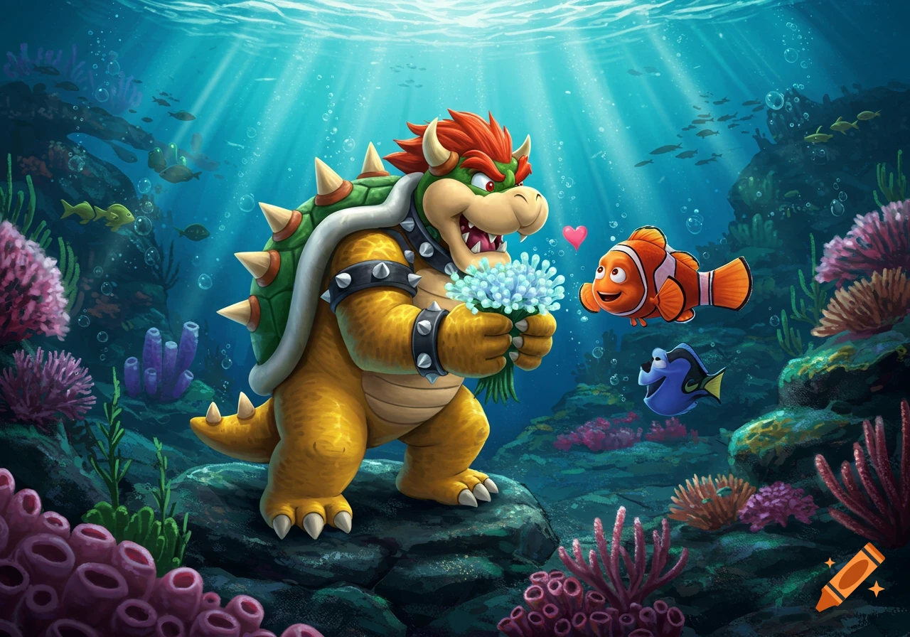 Bowser from Mario gives a bouquet to Marlin from Finding Nemo, with Dory in the background, in a vibrant underwater scene.