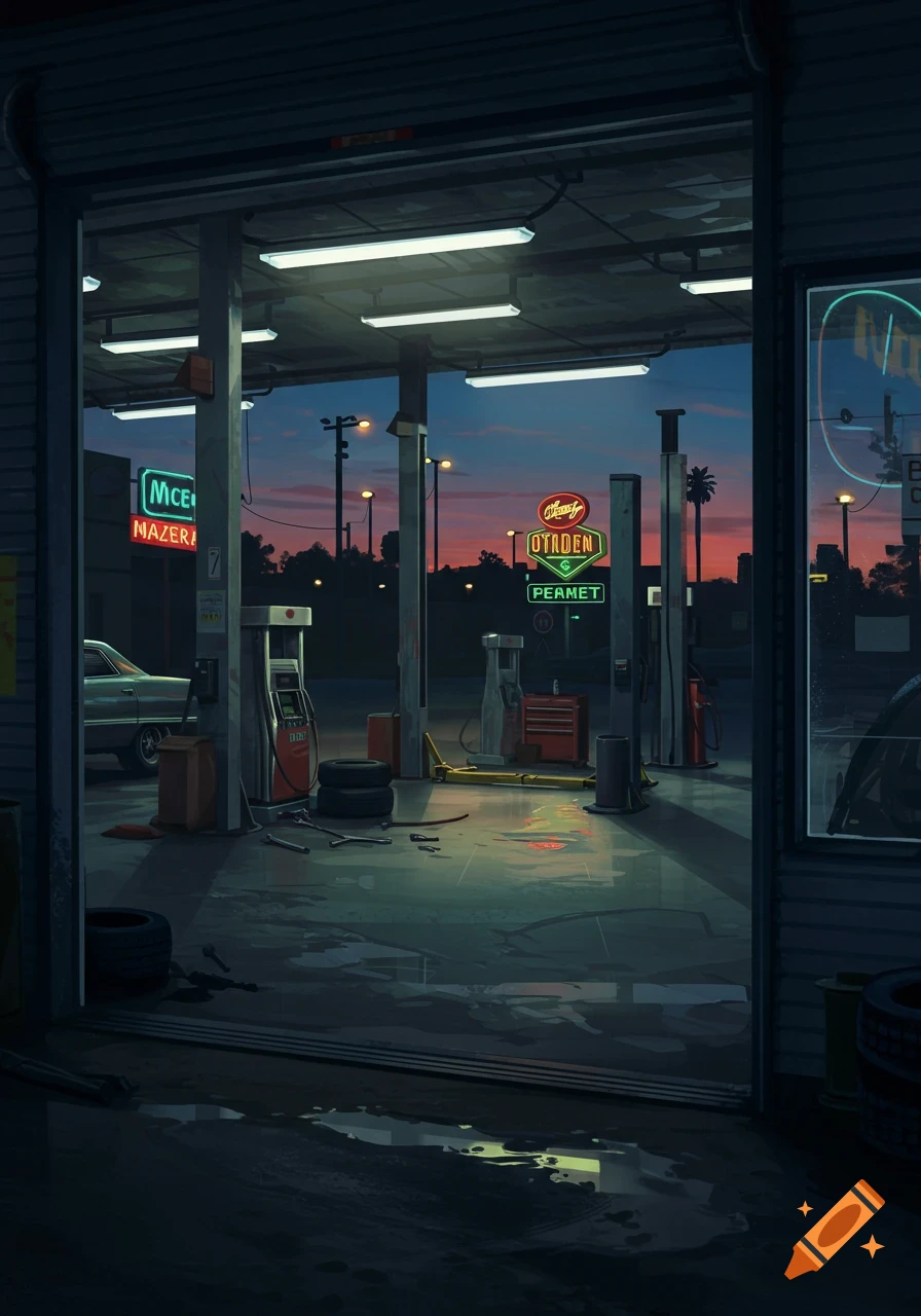 A stylized illustration of a gas station repair bay at dusk with neon signs, viewed from the outside.
