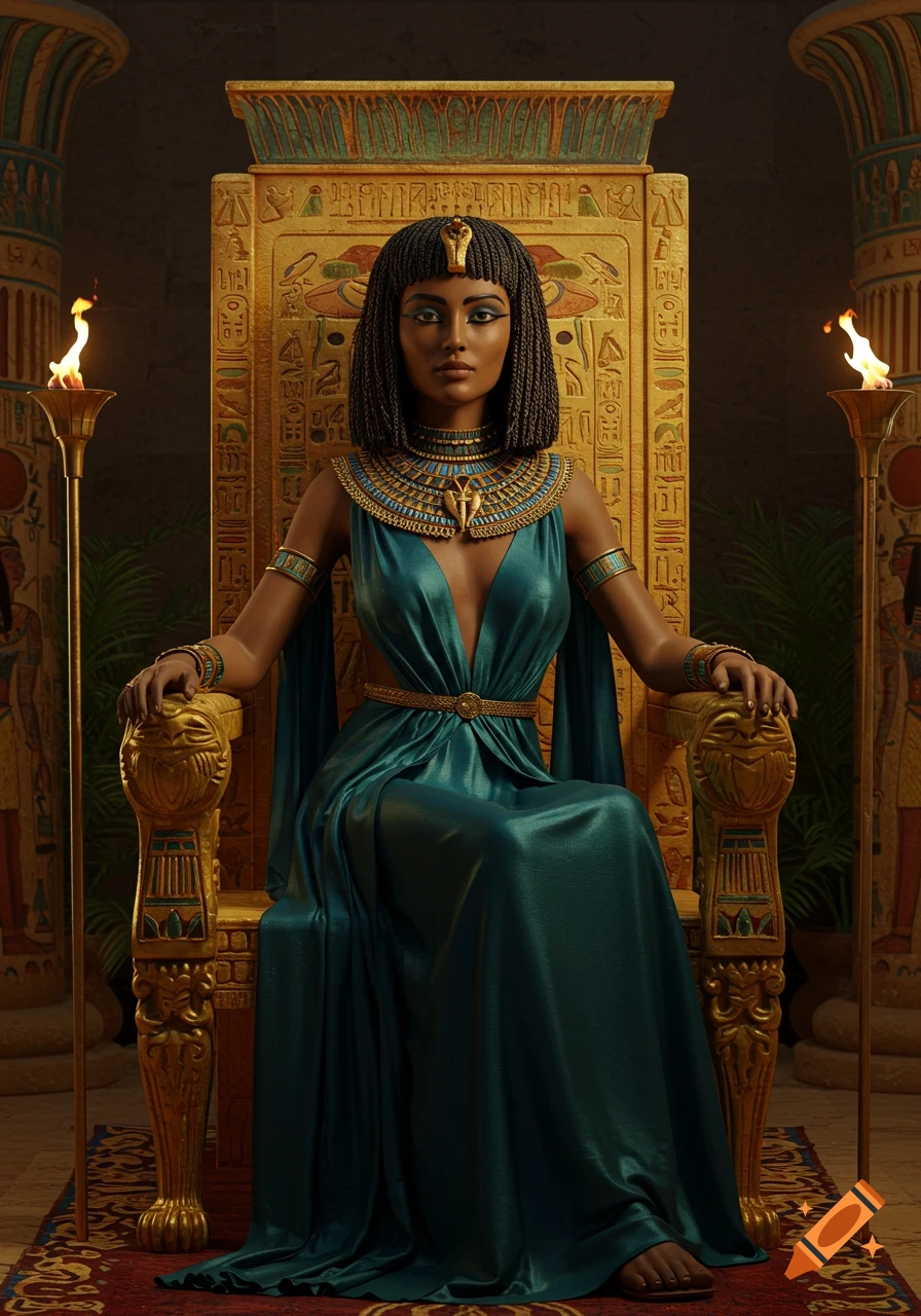 A hyperrealistic image of Cleopatra sitting regally on a golden throne adorned with hieroglyphs, wearing a teal gown and elaborate Egyptian jewelry, in a dimly lit chamber with flaming torches.