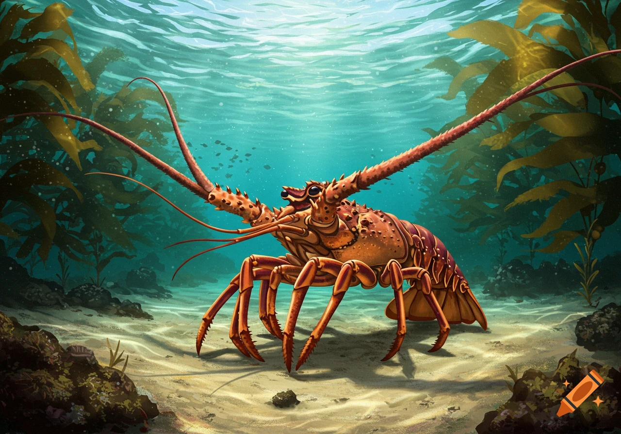 An illustration of a large spiny lobster on a sandy ocean floor with kelp and small fish, bathed in light from above.