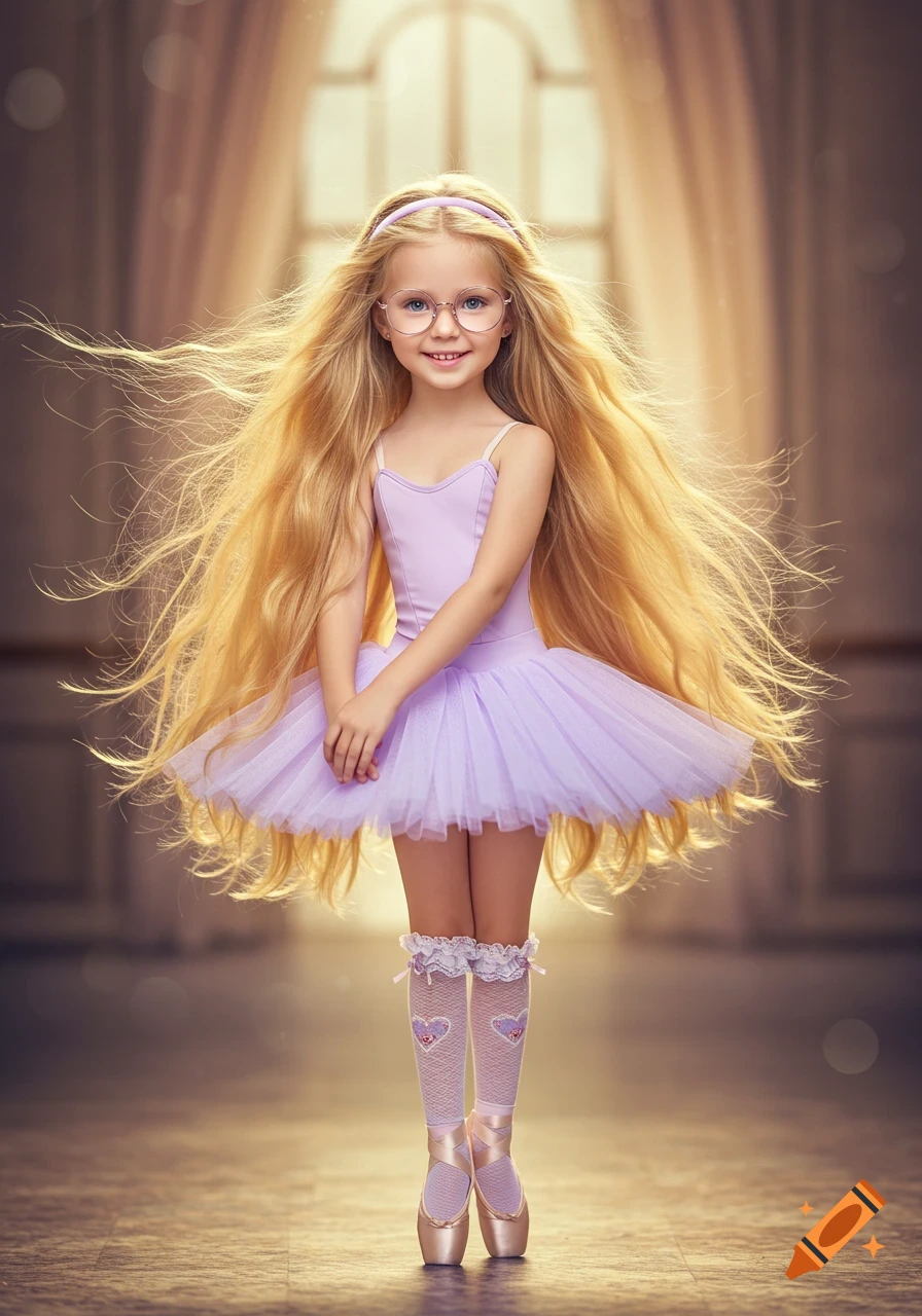 Photorealistic image of a smiling young girl with long blonde hair and glasses, wearing a pale purple ballerina tutu and pointe shoes in a soft-lit room.