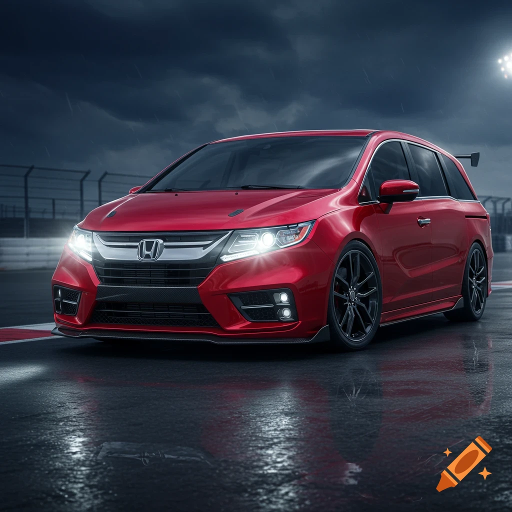 A red modified Honda Odyssey minivan with a spoiler on a wet race track under a cloudy sky.