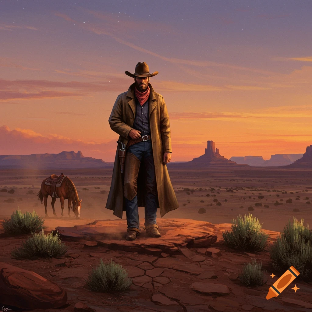 Painting of a cowboy in a long coat standing on a rocky outcrop with a horse in a vast desert landscape at sunset.