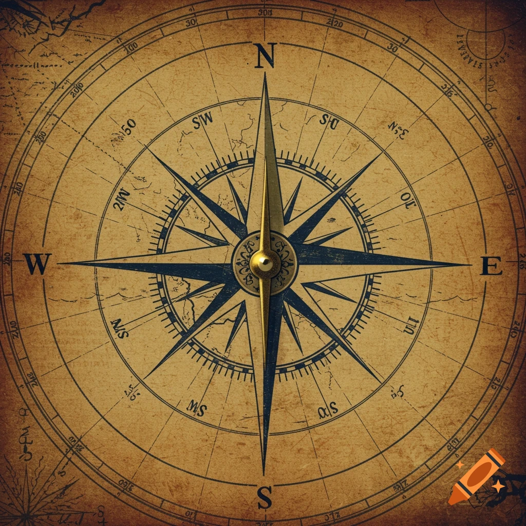 A vintage compass rose with a metallic needle pointing north, set against an old, textured map background.