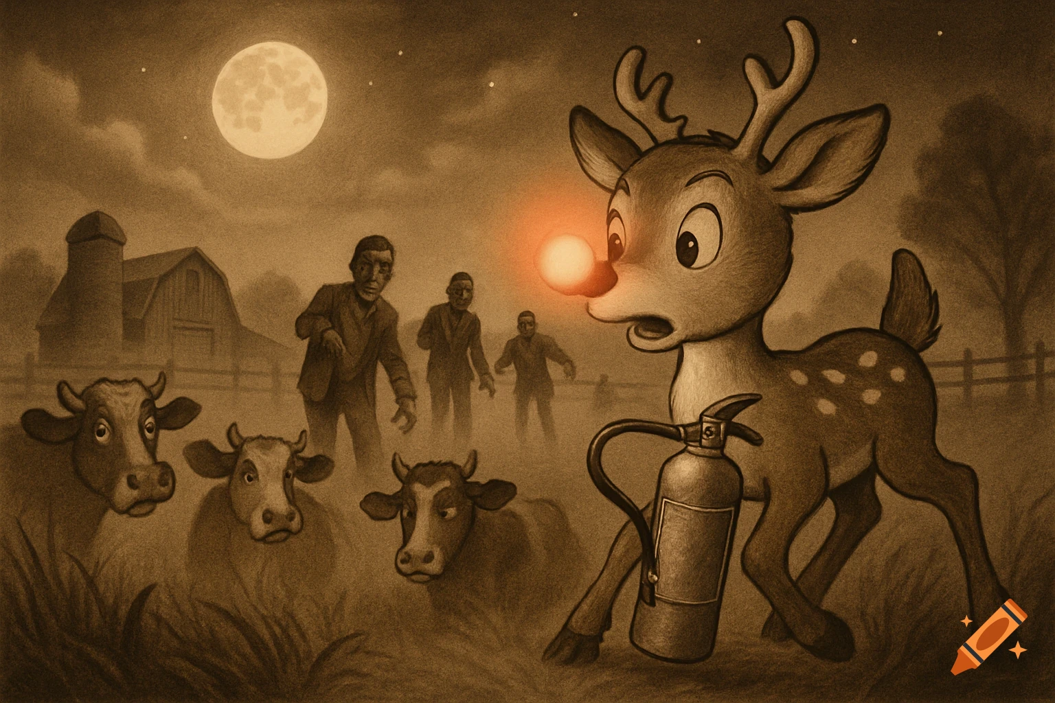 Sepia-toned illustration of Rudolph with a fire extinguisher, facing zombies and cows on a farm under a full moon.