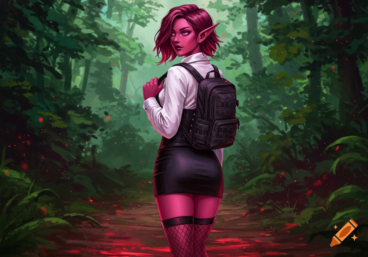 A beautiful dark red-skinned elf with short crimson hair and pink eyes, wearing a white blouse, black corset, mini skirt, fishnet stockings, and a tactical backpack, stands in a dark forest.