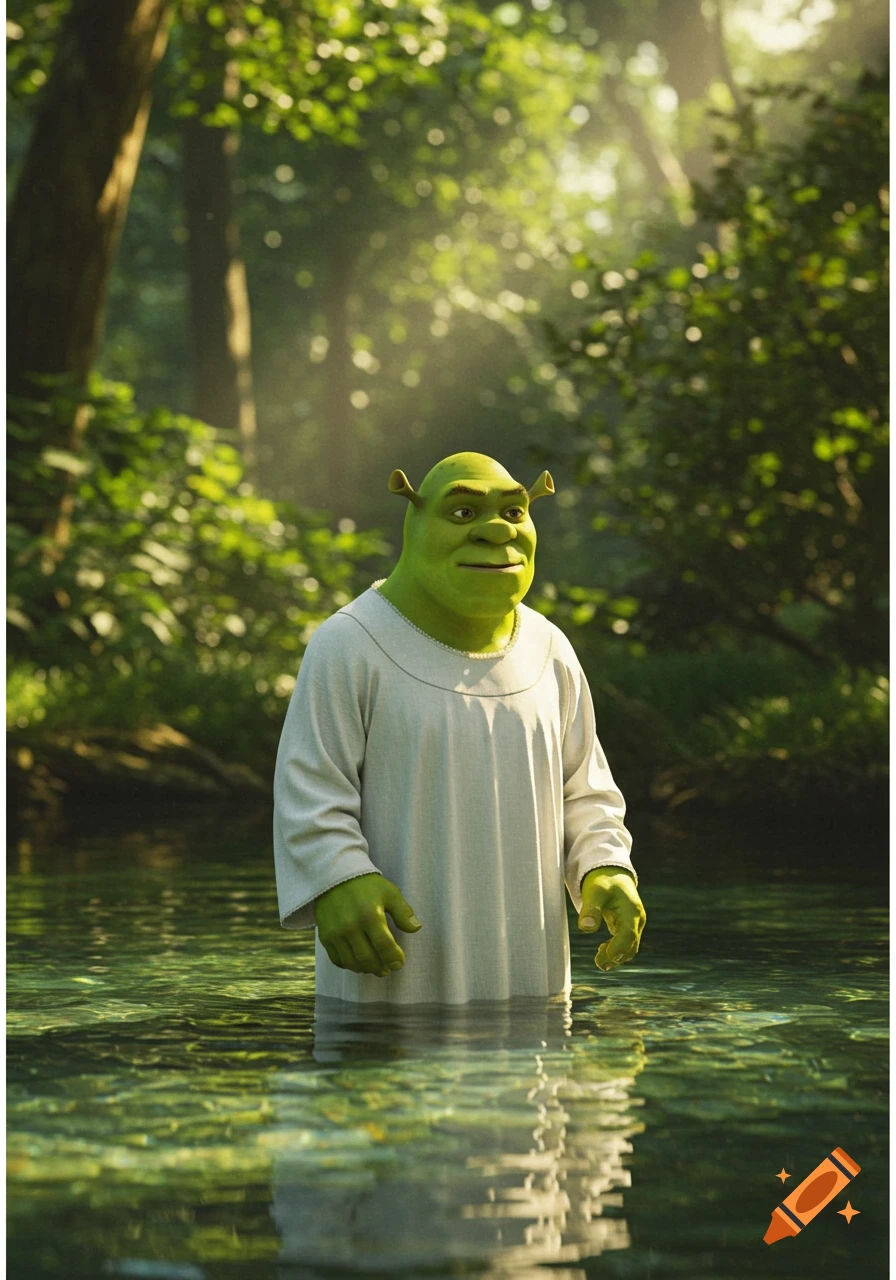 Photorealistic image of Shrek standing waist-deep in clear water in a lush, sunlit forest.