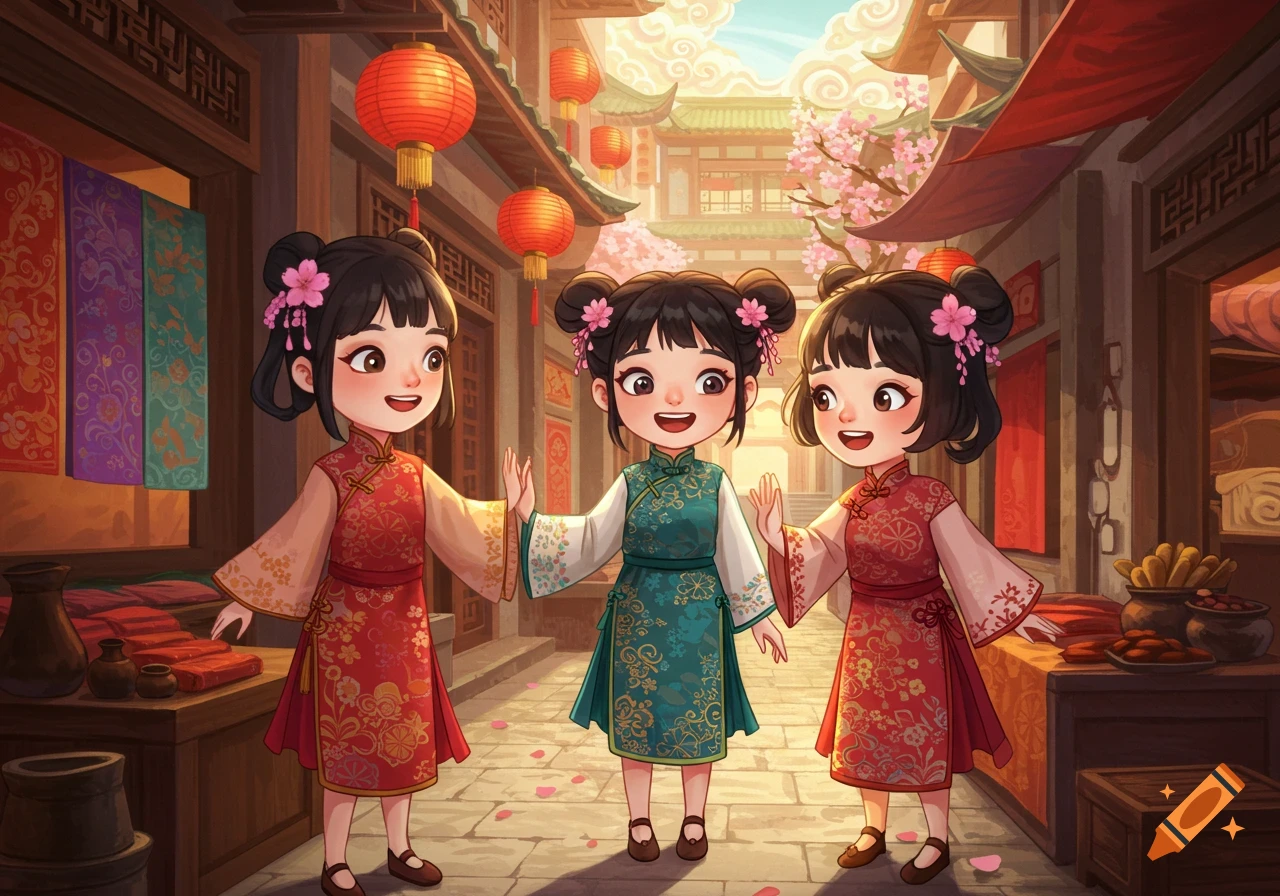 Three smiling cartoon girls in traditional Chinese dresses in a bustling outdoor marketplace with red lanterns and cherry blossoms.