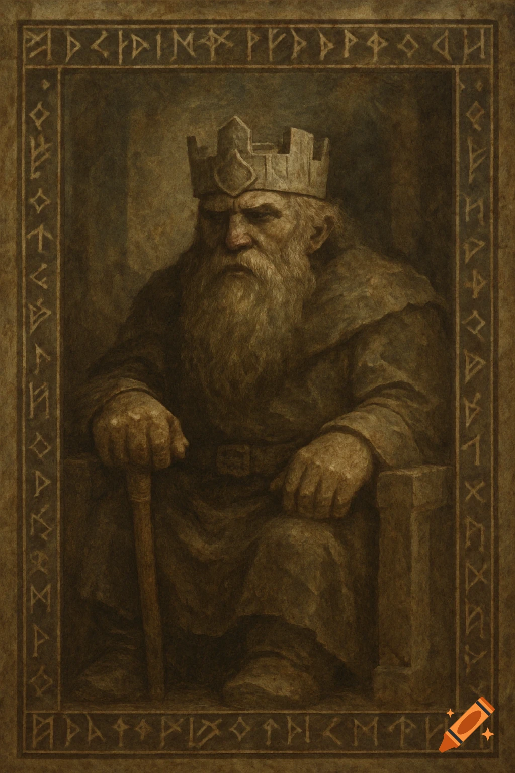 An old, faded painting of a grizzled dwarven king with a long beard and stone crown, seated on a throne and holding a staff.
