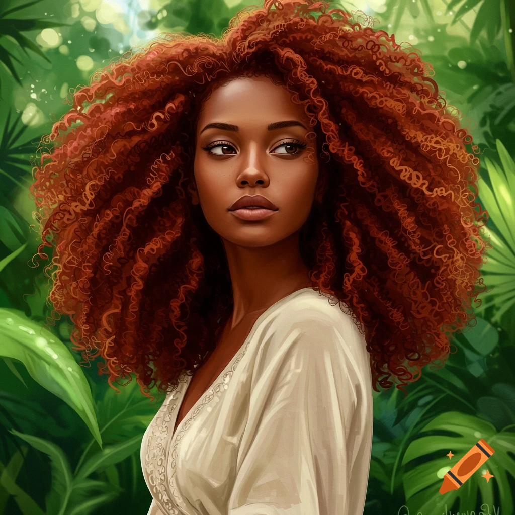A beautiful Black woman with voluminous red curly hair looks away, set against a lush green jungle background. Digital painting style.