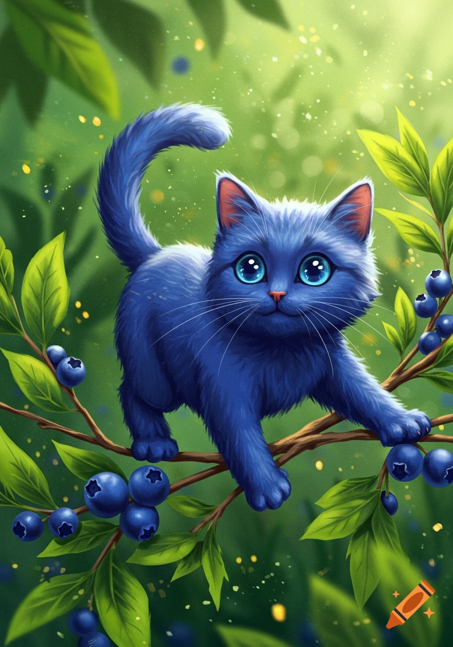 A whimsical illustration of a fluffy blue cat with large blue eyes, climbing on a blueberry branch among green leaves.