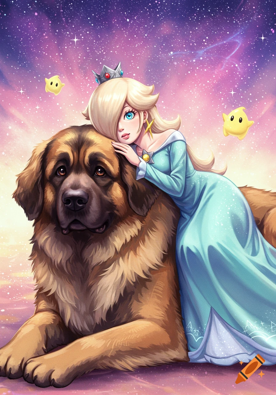 Digital illustration of Rosalina from Mario lying on a large Leonberger dog under a vibrant, starry purple and pink sky.