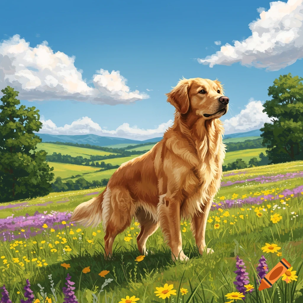 A Golden Retriever stands in a vibrant field of yellow and purple ...