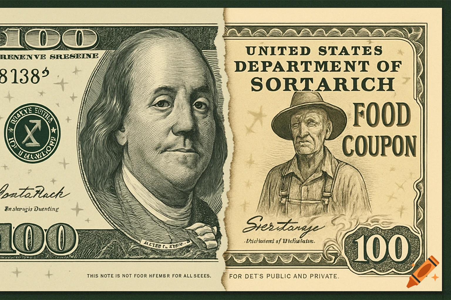A hybrid banknote and food coupon. The left side is a green $100 bill with Benjamin Franklin's portrait. The right side is a tan 'FOOD COUPON' with a farmer's portrait. The two halves are joined by a torn paper effect. Some text is garbled, and 'SortaRich' is visible.