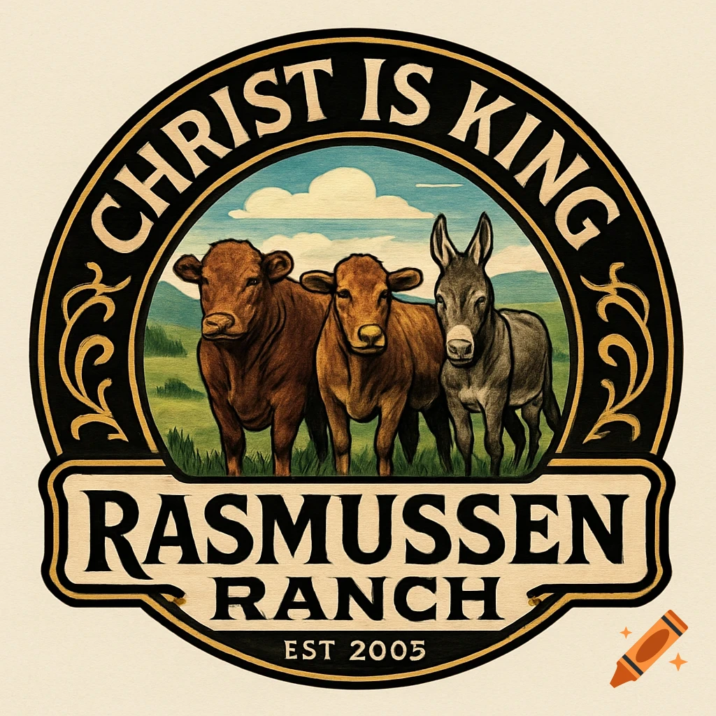 Circular ranch logo with two cows and a donkey in a field, text 'CHRIST IS KING' above and 'RASMUSSEN RANCH EST 2005' below, in an illustrative style.