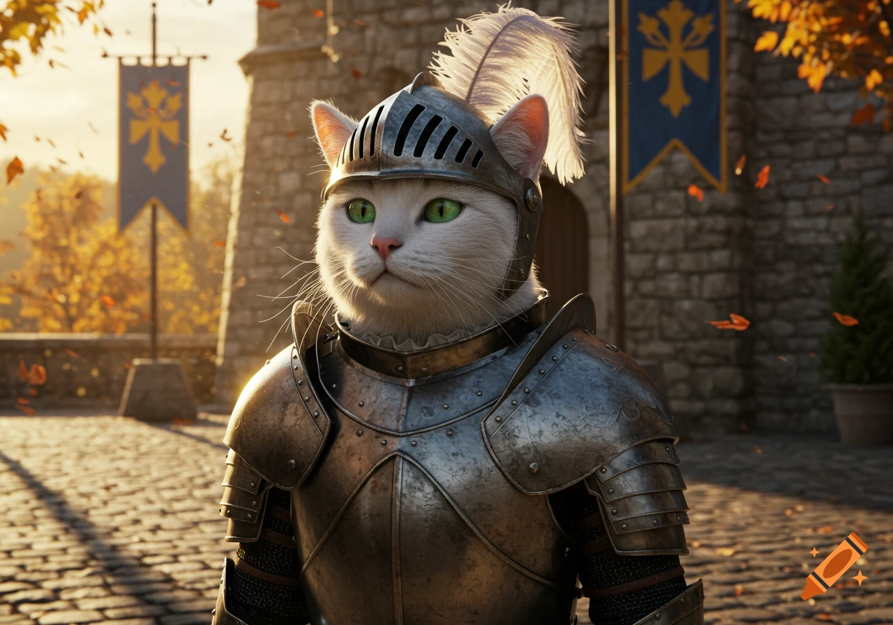 Photorealistic white cat in knight's armor with a feathered helmet, standing in front of a castle with autumn leaves.