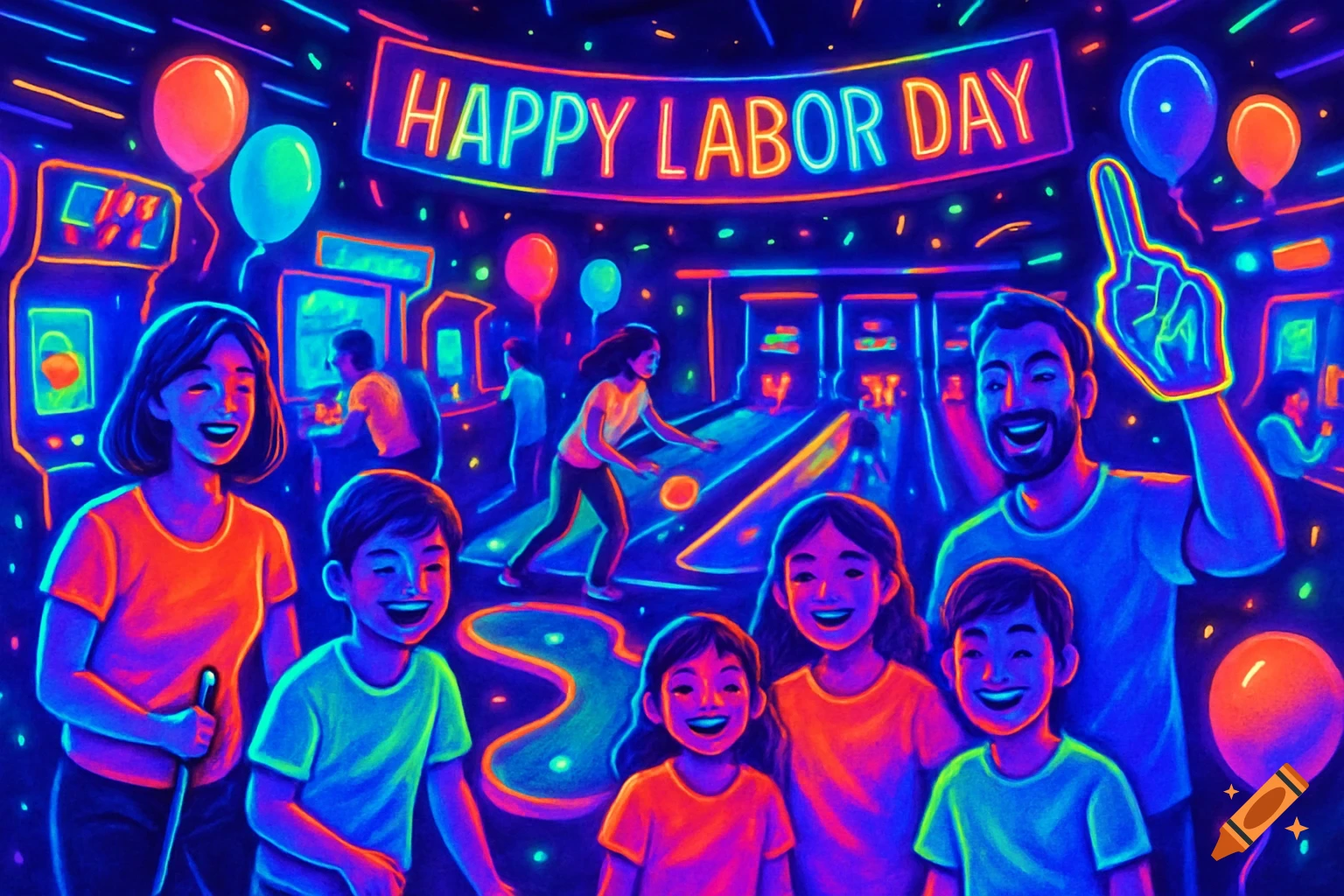 Families celebrate Labor Day in a neon-lit blacklight fun center with bowling and arcade games. A 'HAPPY LABOR DAY' banner glows.