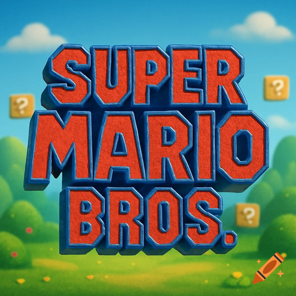 The iconic Super Mario Bros. logo in a 3D style, set against a bright, cartoonish landscape with question blocks.