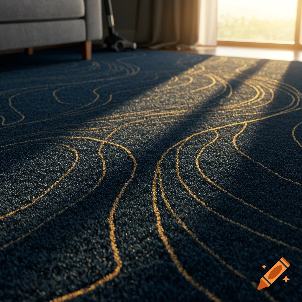 Close-up of a blue carpet with golden wave-like patterns, sunlight streaming across it, partially illuminating a couch and vacuum cleaner. Photorealistic.