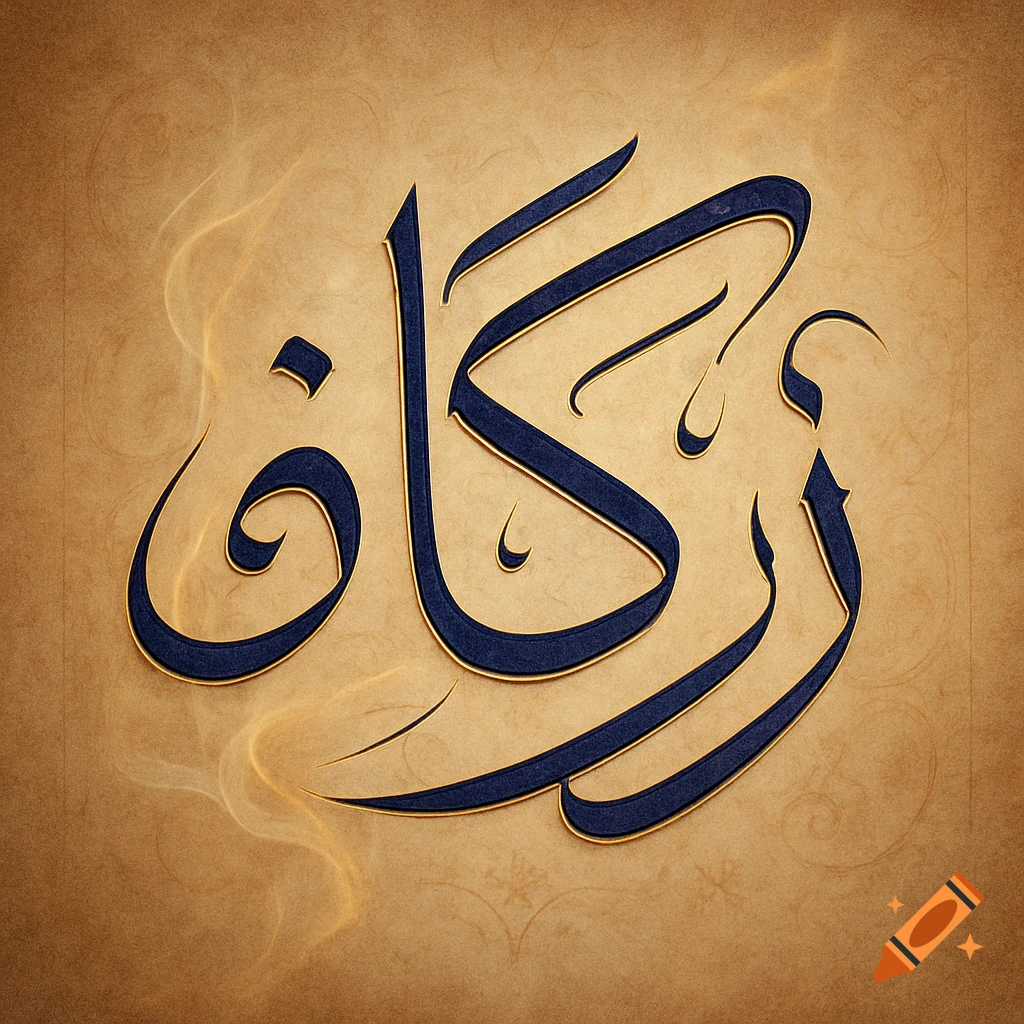 Elegant dark blue Arabic calligraphy of 'Zakat' with a gold outline on a textured tan paper background.