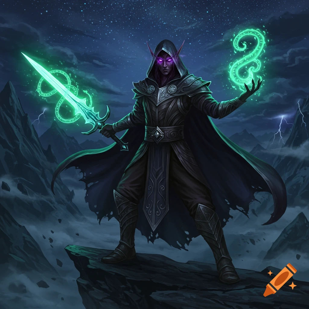 A dark elf in a hooded cloak stands on a mountain, holding a glowing green sword and casting a green spell under a starry night sky with distant lightning.