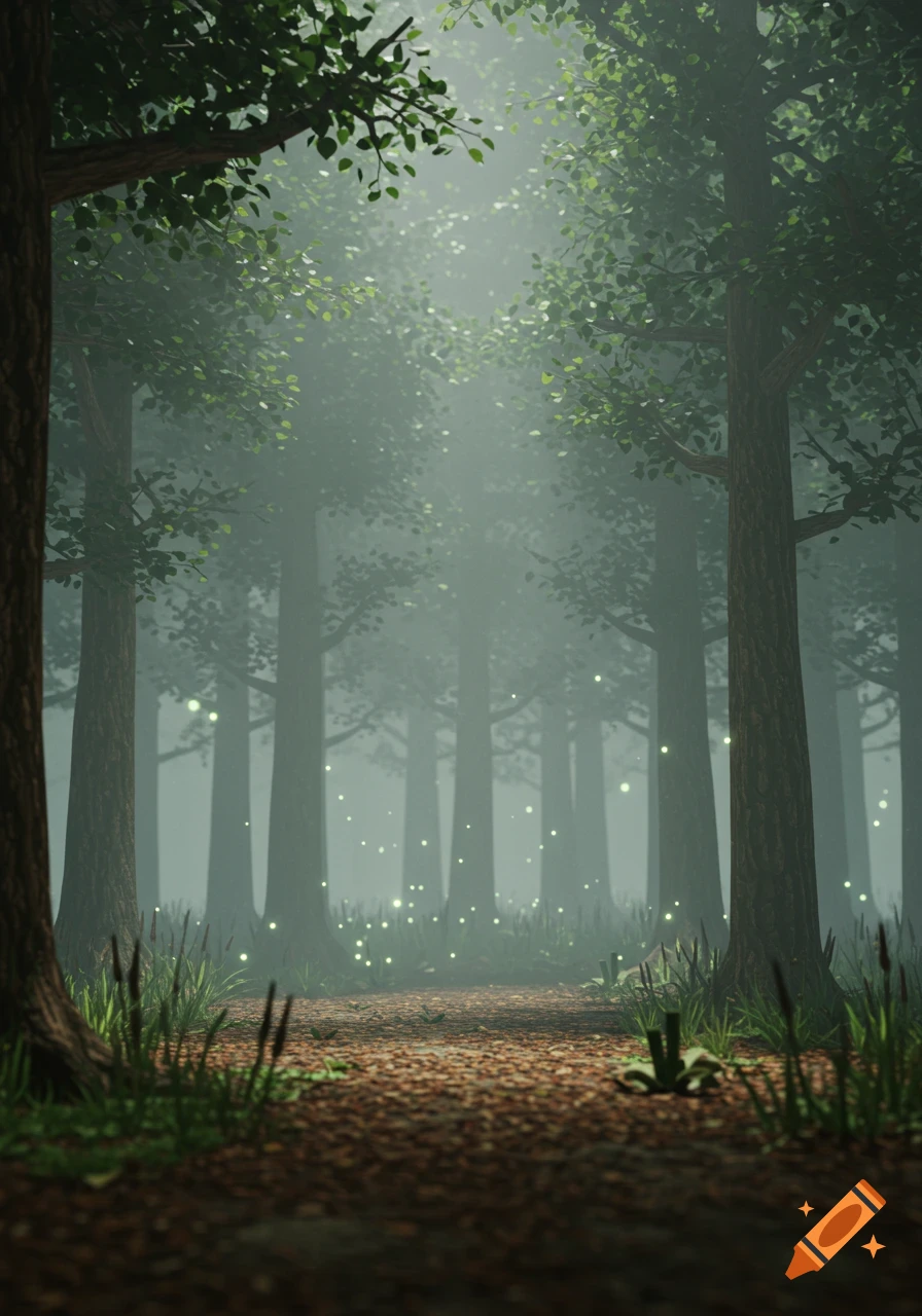 An ethereal forest path shrouded in mist with glowing fireflies and tall trees, rendered in a stylized 3D art style.