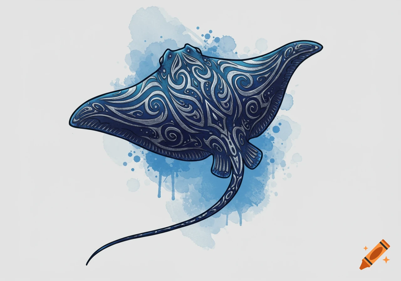A blue stylized stingray with intricate silver patterns, against a blue watercolor splash background.