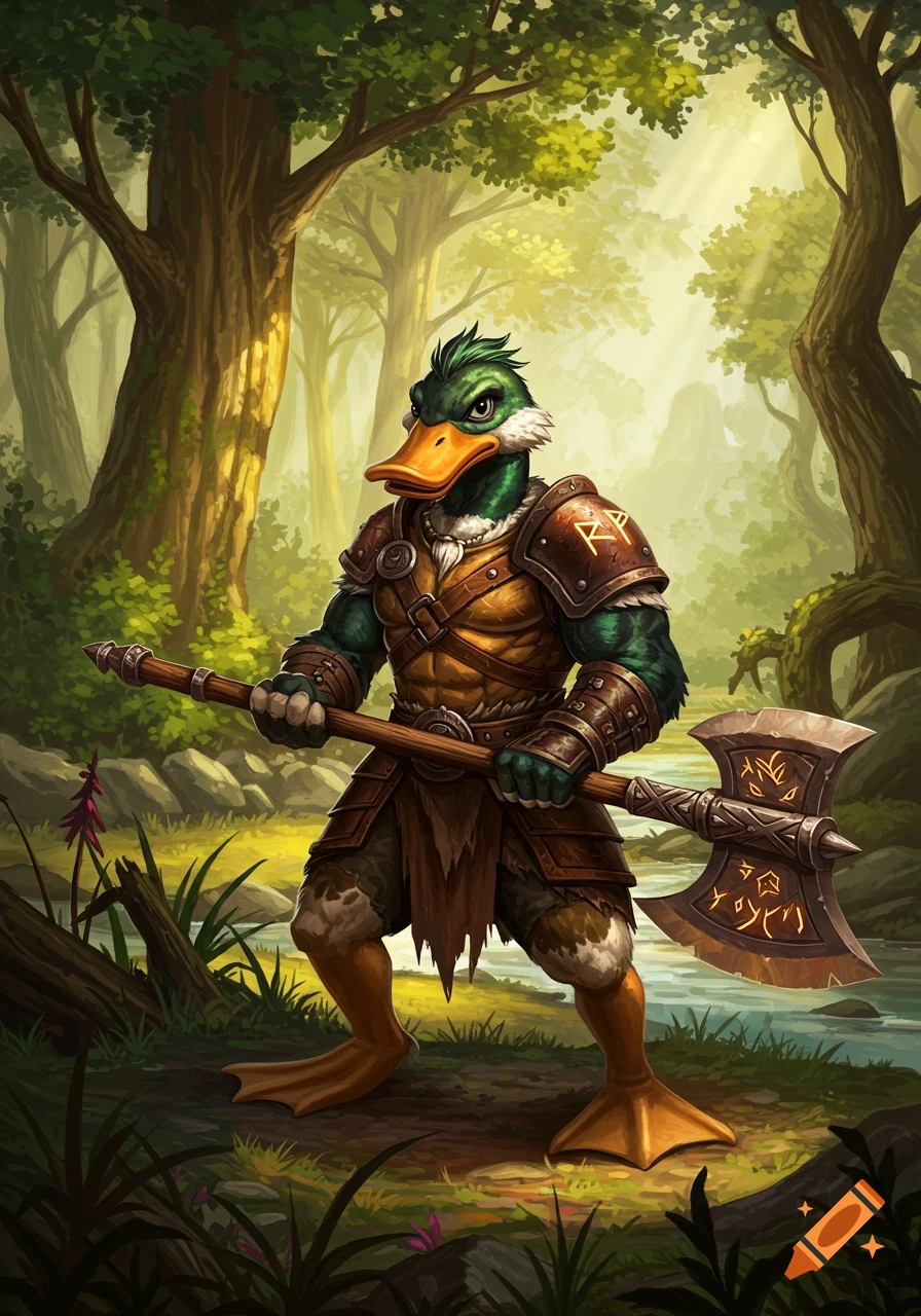 A muscular humanoid duck barbarian with green feathers and an orange beak stands in a sunlit forest, holding a large axe with runic symbols.