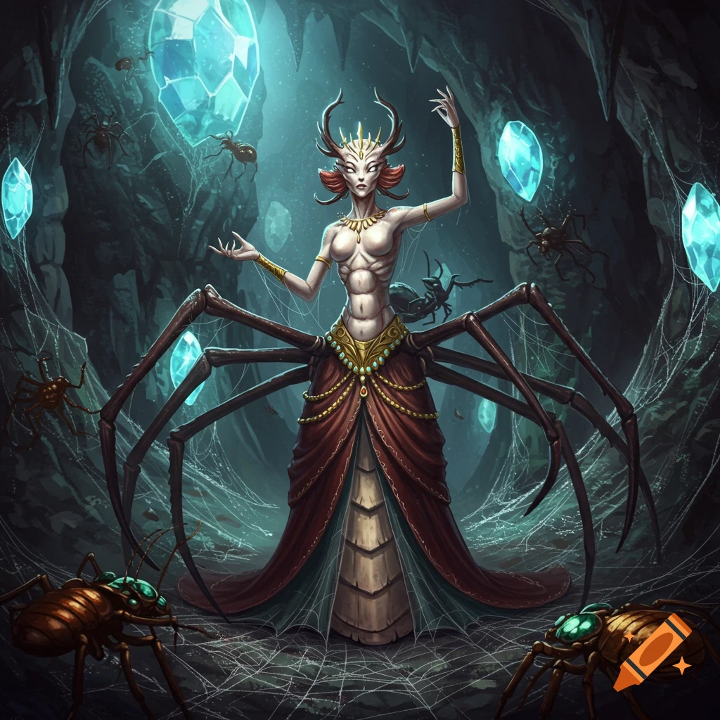 Fantasy digital painting of a spider-woman with a humanoid torso and spider legs, standing in a dark cave with glowing blue crystals, webs, and large insects.