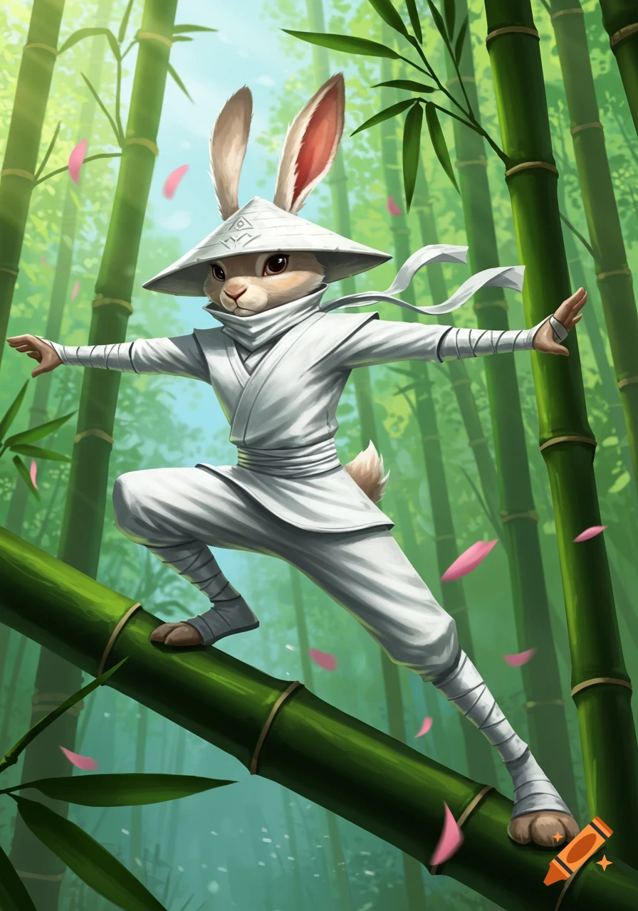 A white rabbit ninja with a conical hat balances on a thick bamboo stalk in a vibrant green bamboo forest with pink petals.