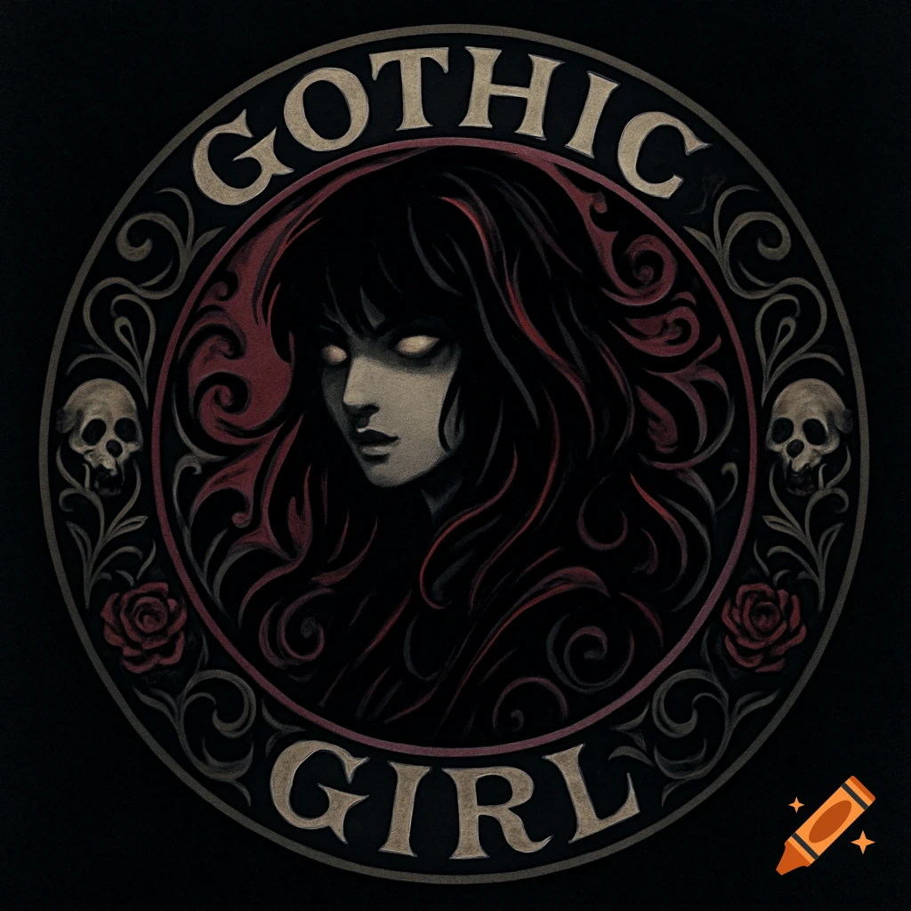 A gothic art logo featuring a stylized woman with glowing eyes, surrounded by skulls, roses, and the text 'GOTHIC GIRL'.