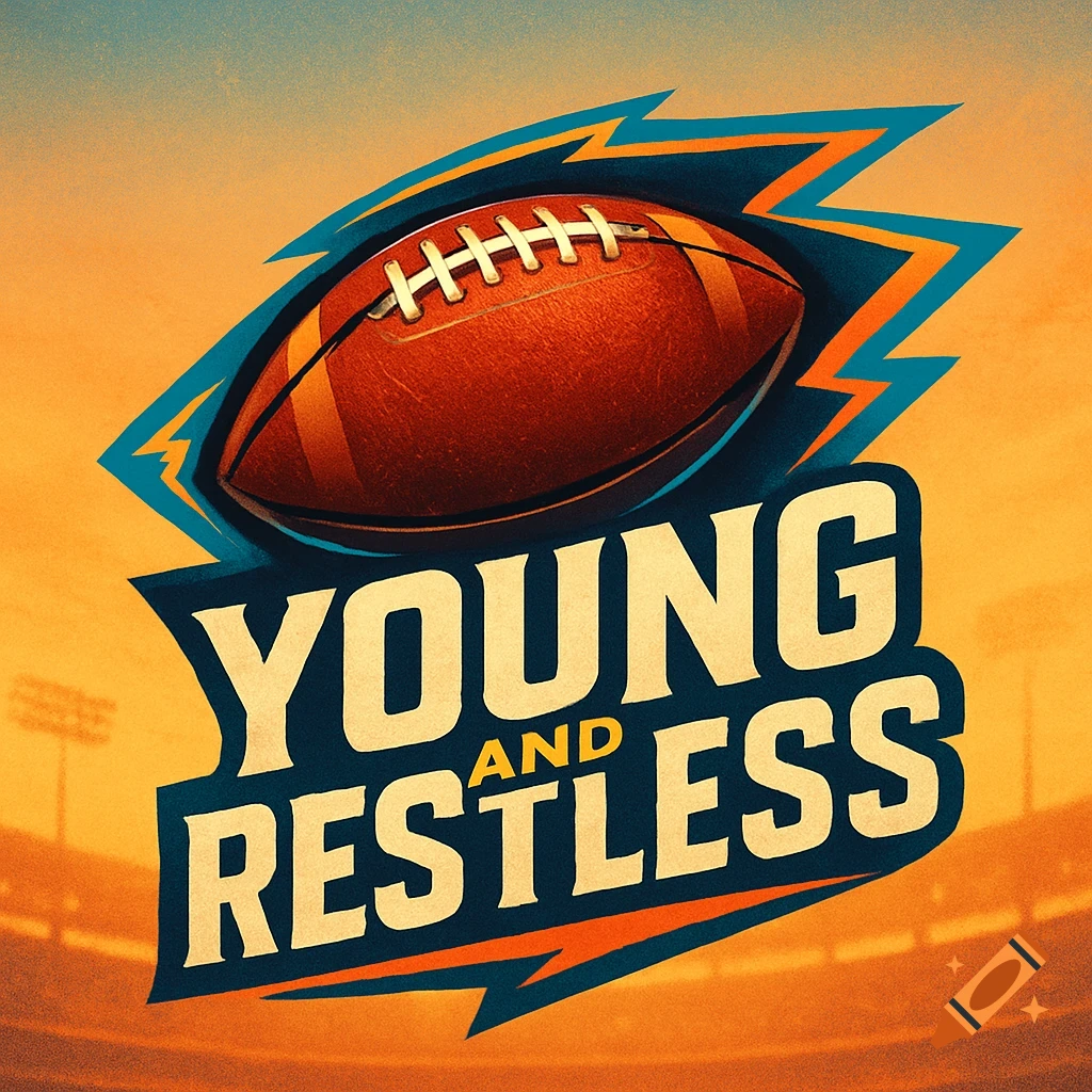 A retro-style American football logo featuring a brown football centered above the words "YOUNG AND RESTLESS" in bold white and yellow text, against an orange stadium background.