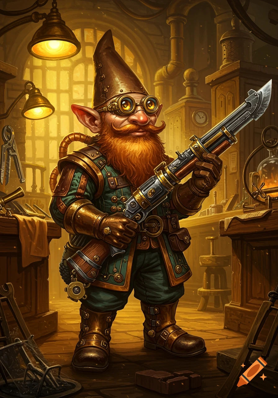 A steampunk gnome artificer with a long red beard, goggles, and a pointy hat holds a gunblade in a cluttered workshop.